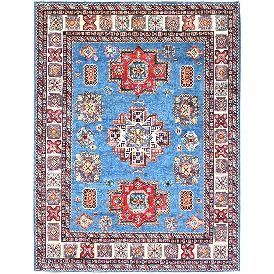 Cerulean Blue Special Kazak Wool Hand Knotted Natural Dyes Rug: Title: Cerulean Blue Special Kazak Wool Hand Knotted Natural Dyes Rug Description:This is a truly genuine one-of-a-kind. It has been Knotted for months and months in the centuries-old weaving