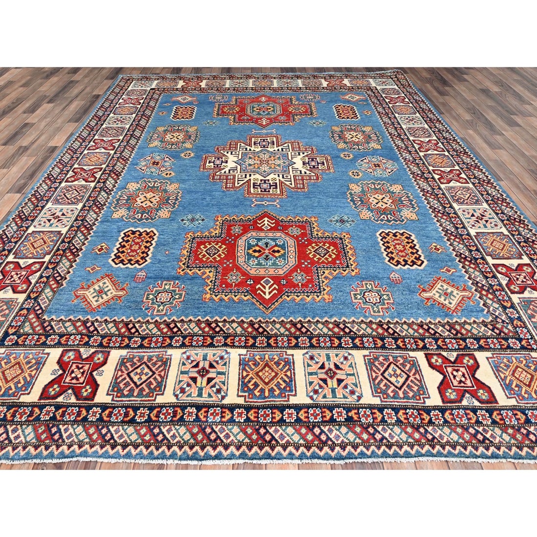 Cerulean Blue Special Kazak Wool Hand Knotted Natural Dyes Rug - 2