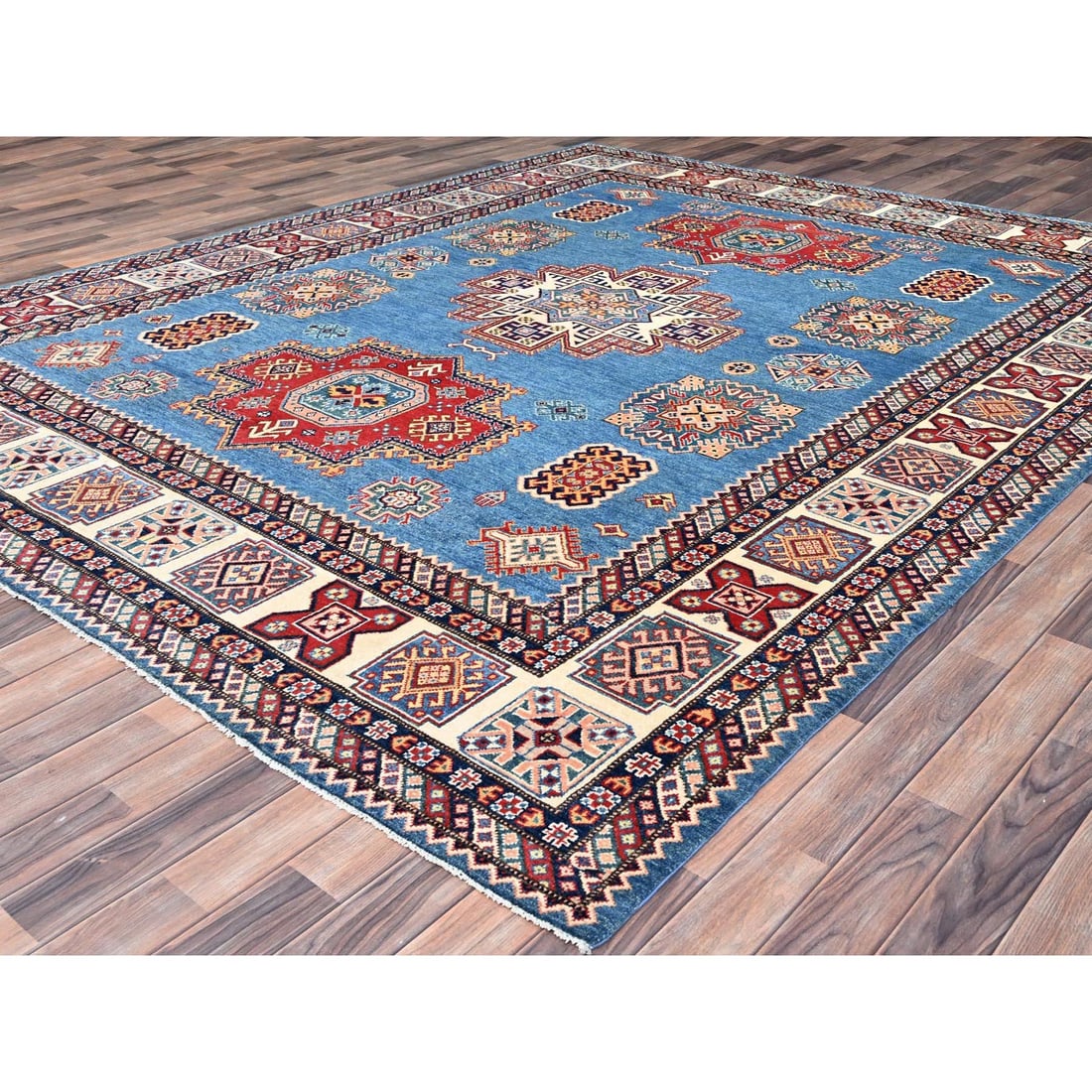 Cerulean Blue Special Kazak Wool Hand Knotted Natural Dyes Rug - 3