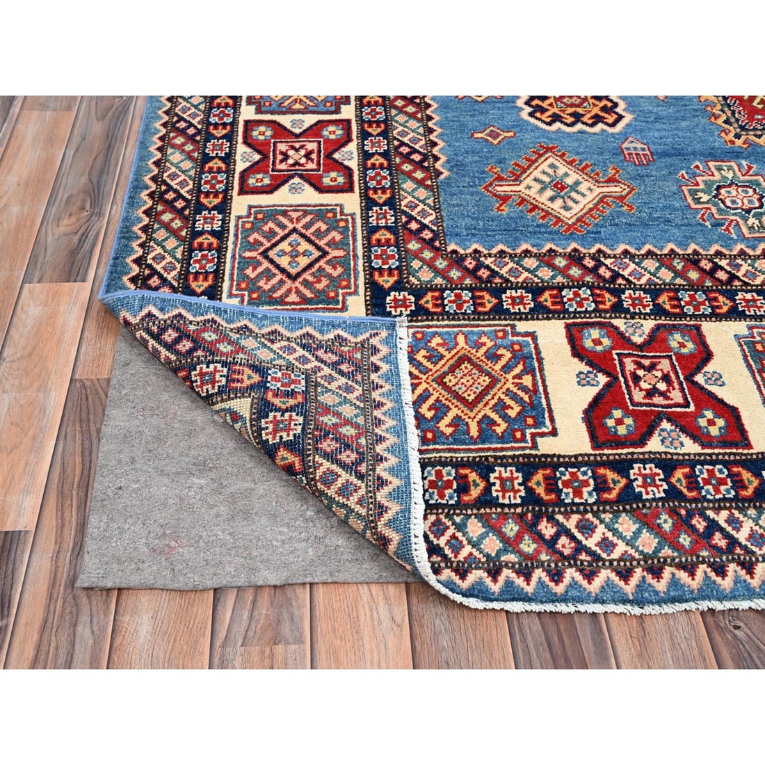 Cerulean Blue Special Kazak Wool Hand Knotted Natural Dyes Rug - 4