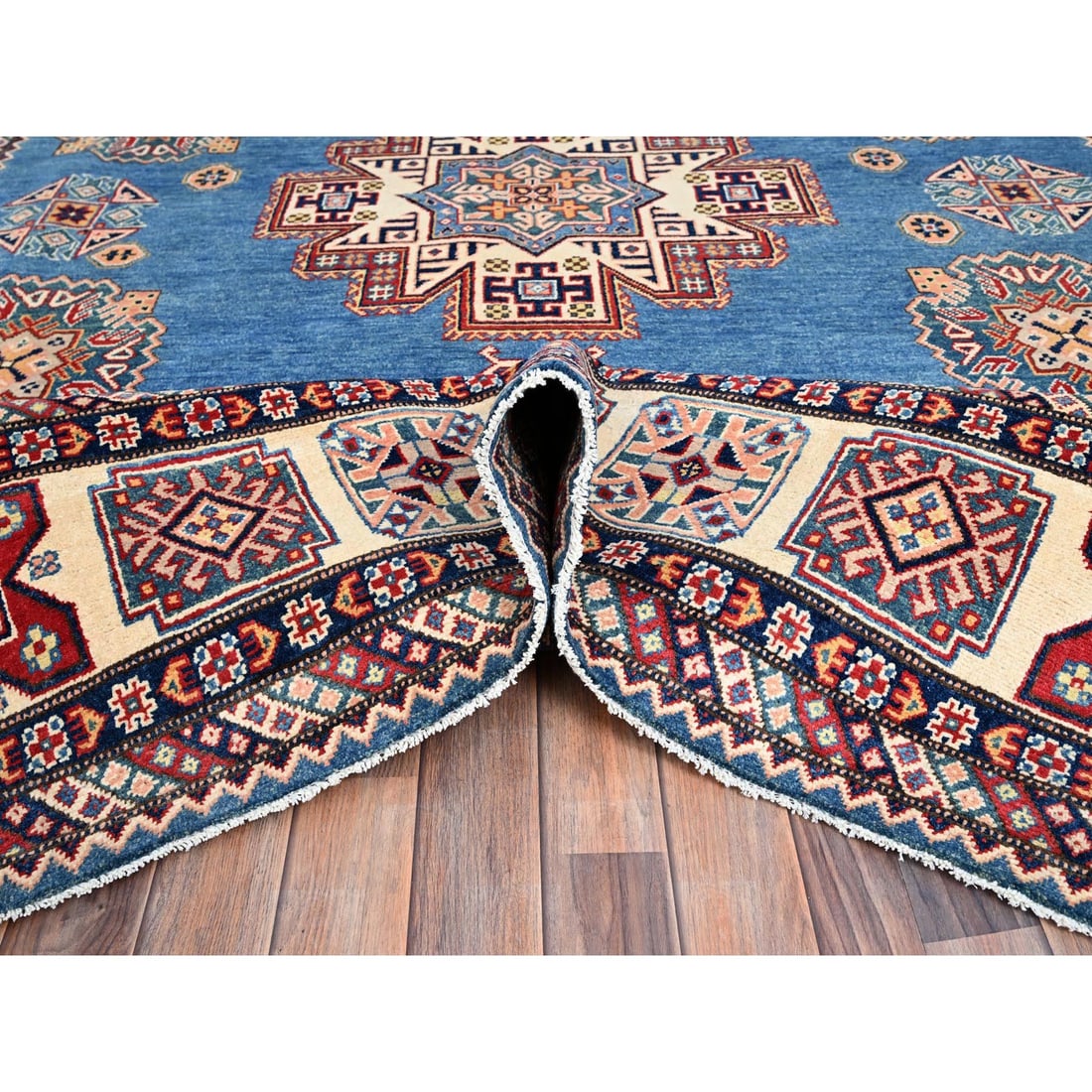 Cerulean Blue Special Kazak Wool Hand Knotted Natural Dyes Rug - 5