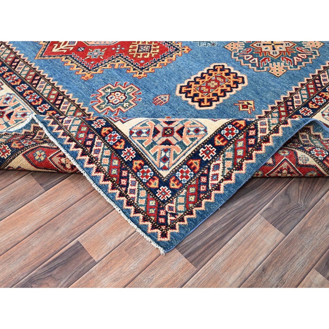 Cerulean Blue Special Kazak Wool Hand Knotted Natural Dyes Rug - 6