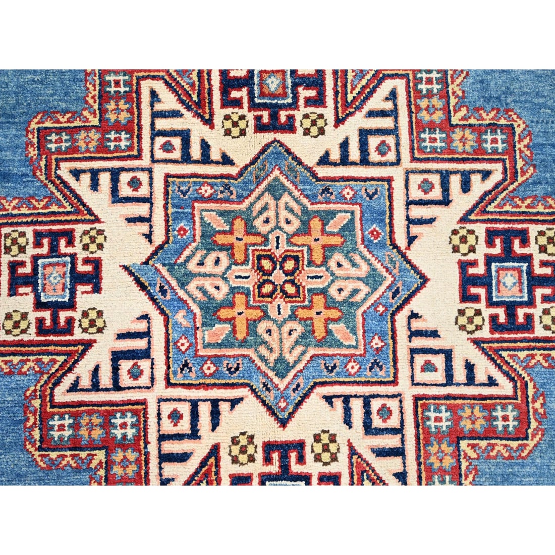 Cerulean Blue Special Kazak Wool Hand Knotted Natural Dyes Rug - 8