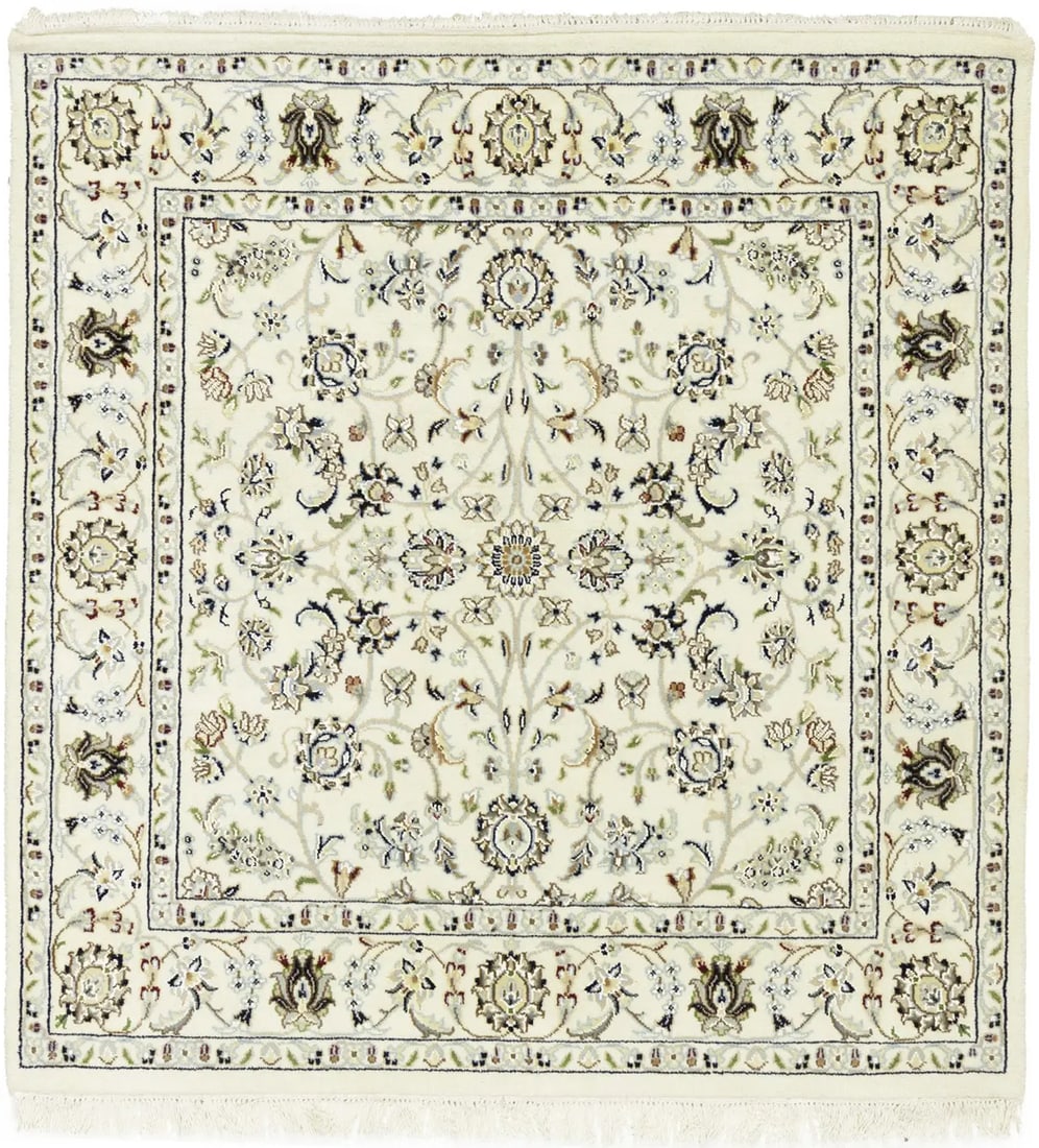Cream Floral 4X4 Indo-Nain Oriental Square Rug: Title: Cream Floral 4X4 Indo-Nain Oriental Square Rug Description:Handmade 4X4 cream Oriental rug made with vegetable dyes (fine wool pile and cotton foundation), exceptional knot count, and