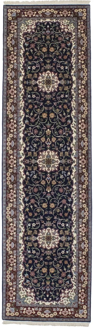 Navy Blue Floral Kirman 3X10 Oriental Rug: Title: Navy Blue Floral Kirman 3X10 Oriental Rug Description:Hand Knotted 3X10 blue oriental runner made with natural dyes (fine wool pile and cotton foundation), superior knot count, and appealing