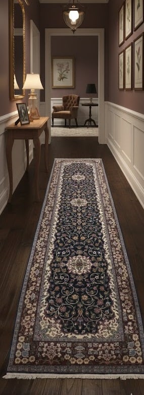 Navy Blue Floral Kirman 3X10 Oriental Rug - 2