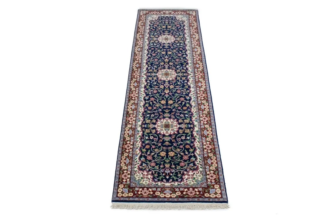 Navy Blue Floral Kirman 3X10 Oriental Rug - 3