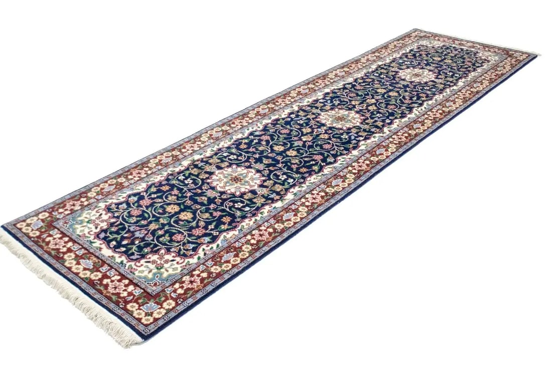 Navy Blue Floral Kirman 3X10 Oriental Rug - 4