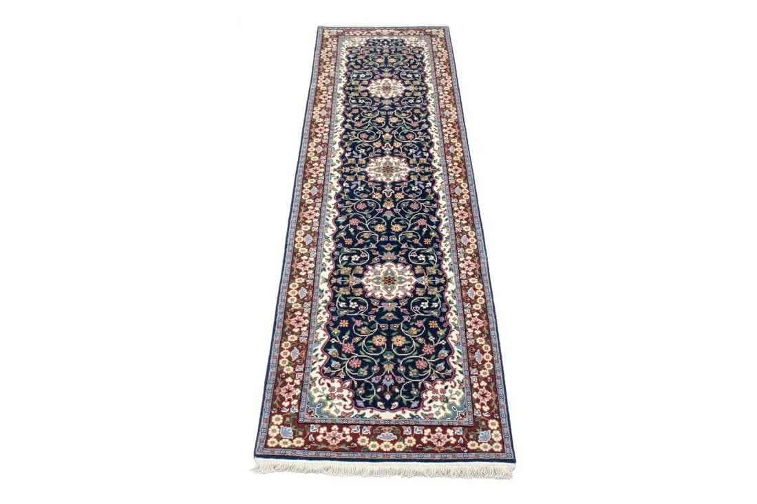 Navy Blue Floral Kirman 3X10 Oriental Rug - 5