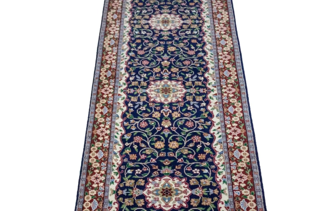 Navy Blue Floral Kirman 3X10 Oriental Rug - 6