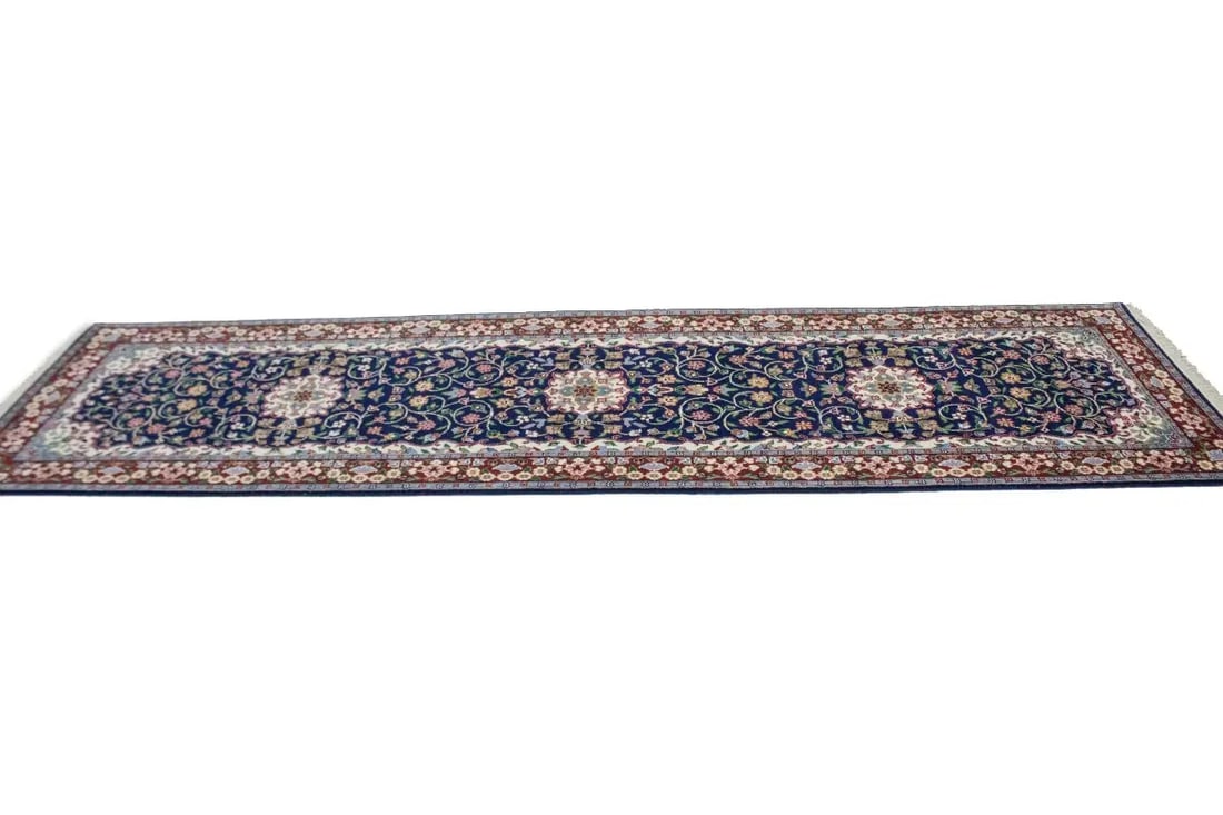 Navy Blue Floral Kirman 3X10 Oriental Rug - 7