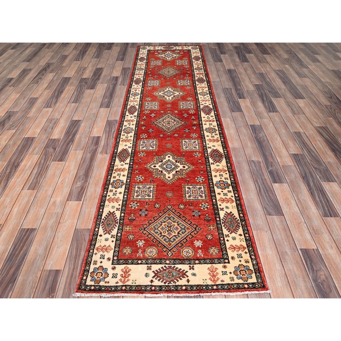 Lattice Red Hand Knotted Afghan Special Kazak Wool Runner Oriental Rug - 2