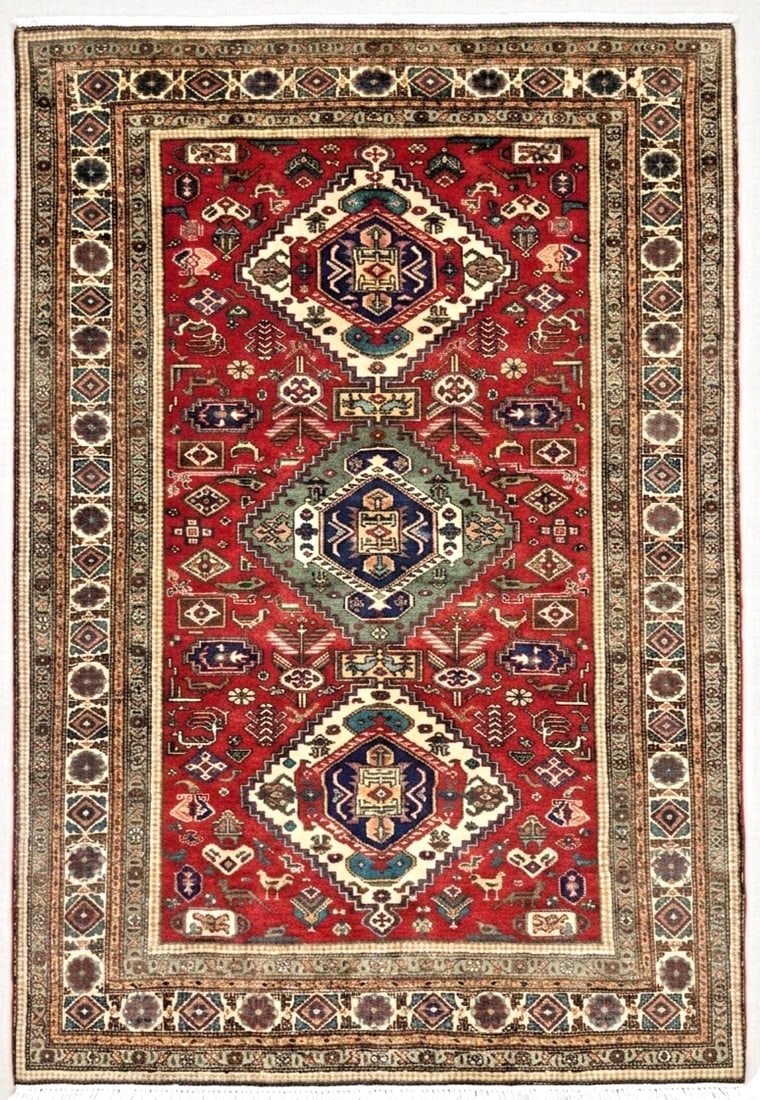 Hand Knotted Persian Wool Rug 4'8"x6'9" Red Tribal Oriental Azerbaijan - 2