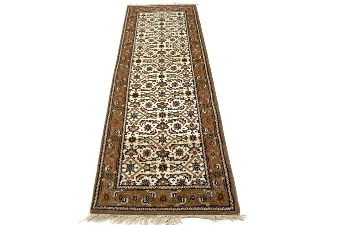 Cream Floral Tribal 2'7X8 Indo-Bidjar Oriental Runner Rug - 7