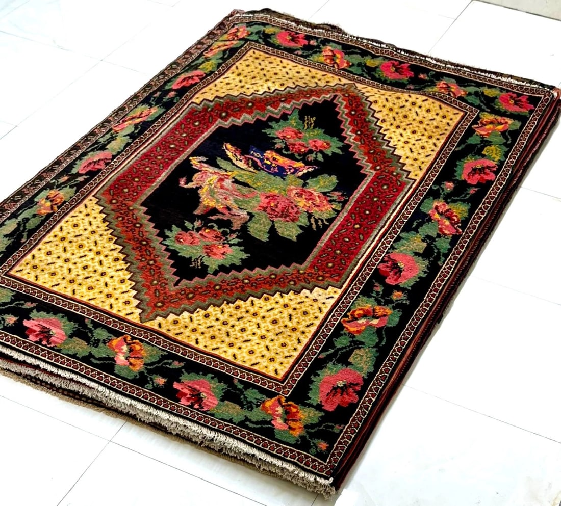 Hand Knotted Karabagh Tribal Wool Black Caucasian Oriental Rug 5' x 7'3" - 4
