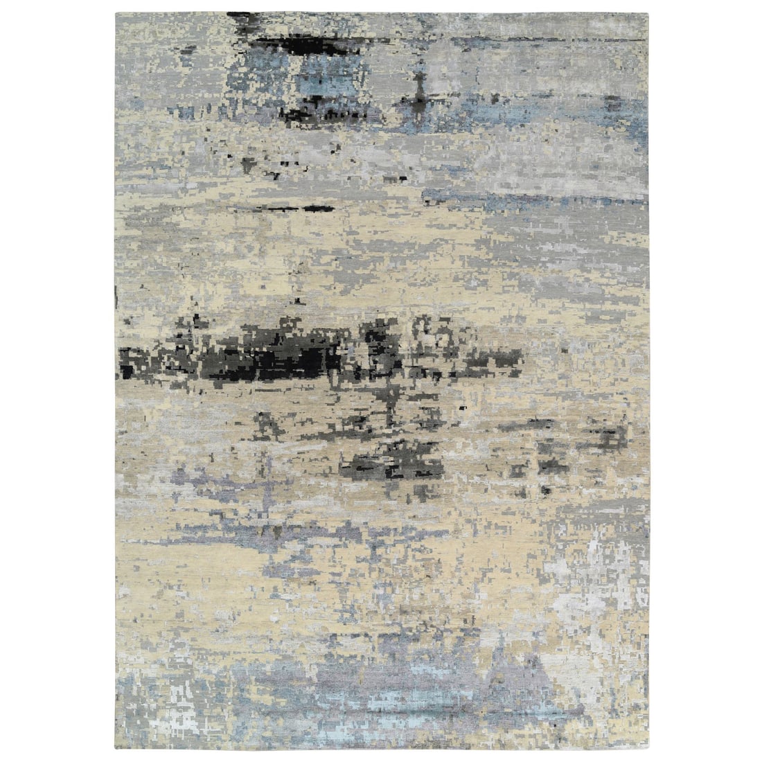 Gray, Wool and Silk Hand Knotted, Modern Abstract Design Oversized Rug: Title: Gray, Wool and Silk Hand Knotted, Modern Abstract Design Oversized Rug Description:This is a truly genuine one-of-a-kind. It has been Knotted for months and months in the centuries-old weaving