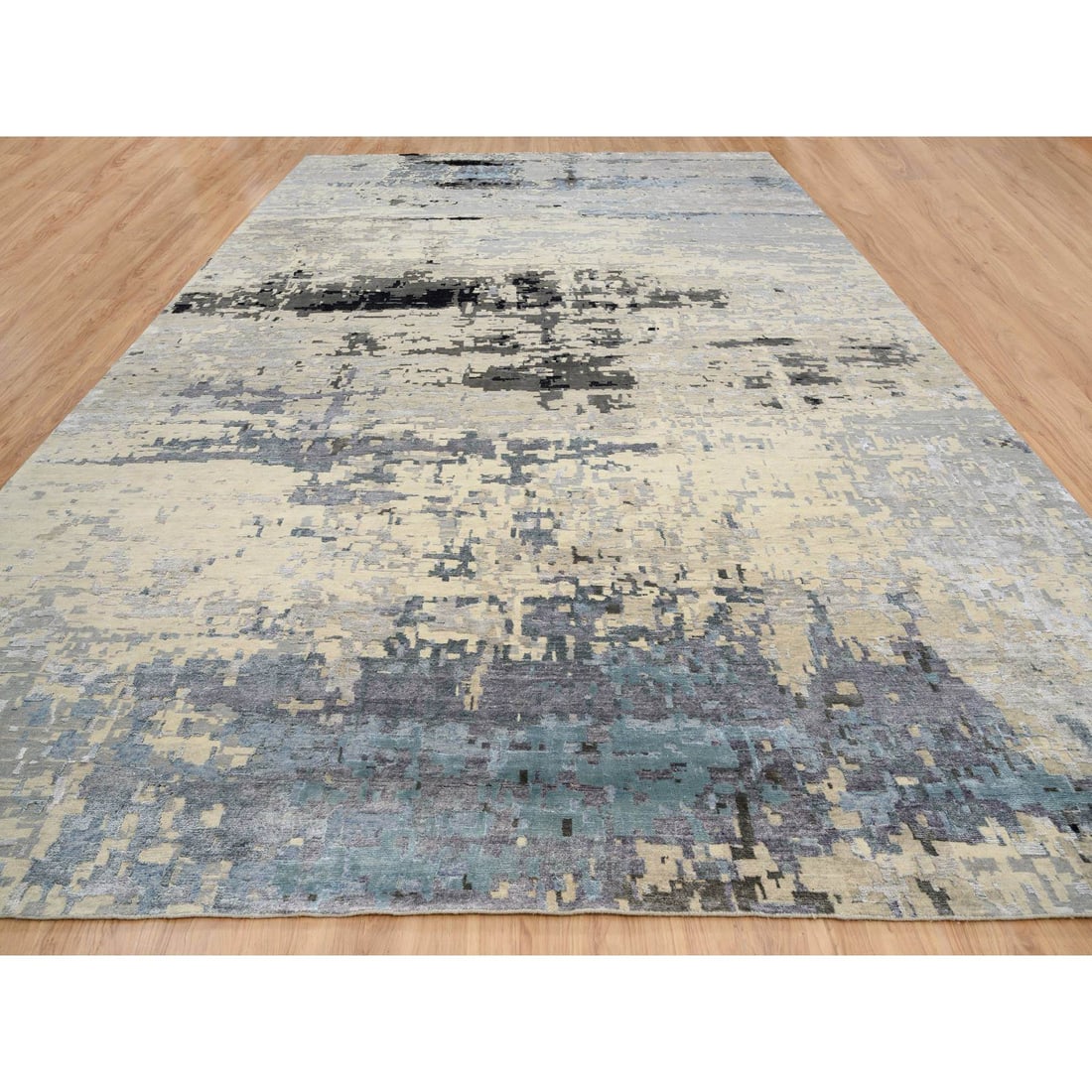 Gray, Wool and Silk Hand Knotted, Modern Abstract Design Oversized Rug - 2