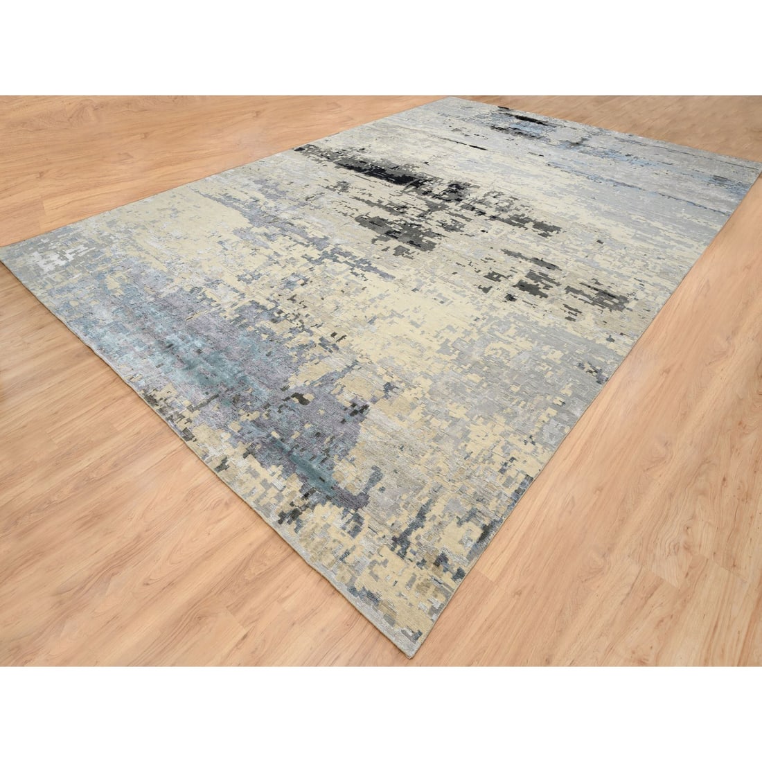 Gray, Wool and Silk Hand Knotted, Modern Abstract Design Oversized Rug - 3