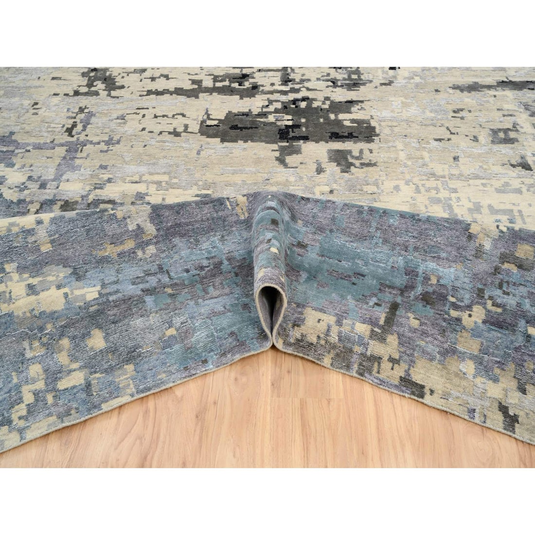 Gray, Wool and Silk Hand Knotted, Modern Abstract Design Oversized Rug - 5