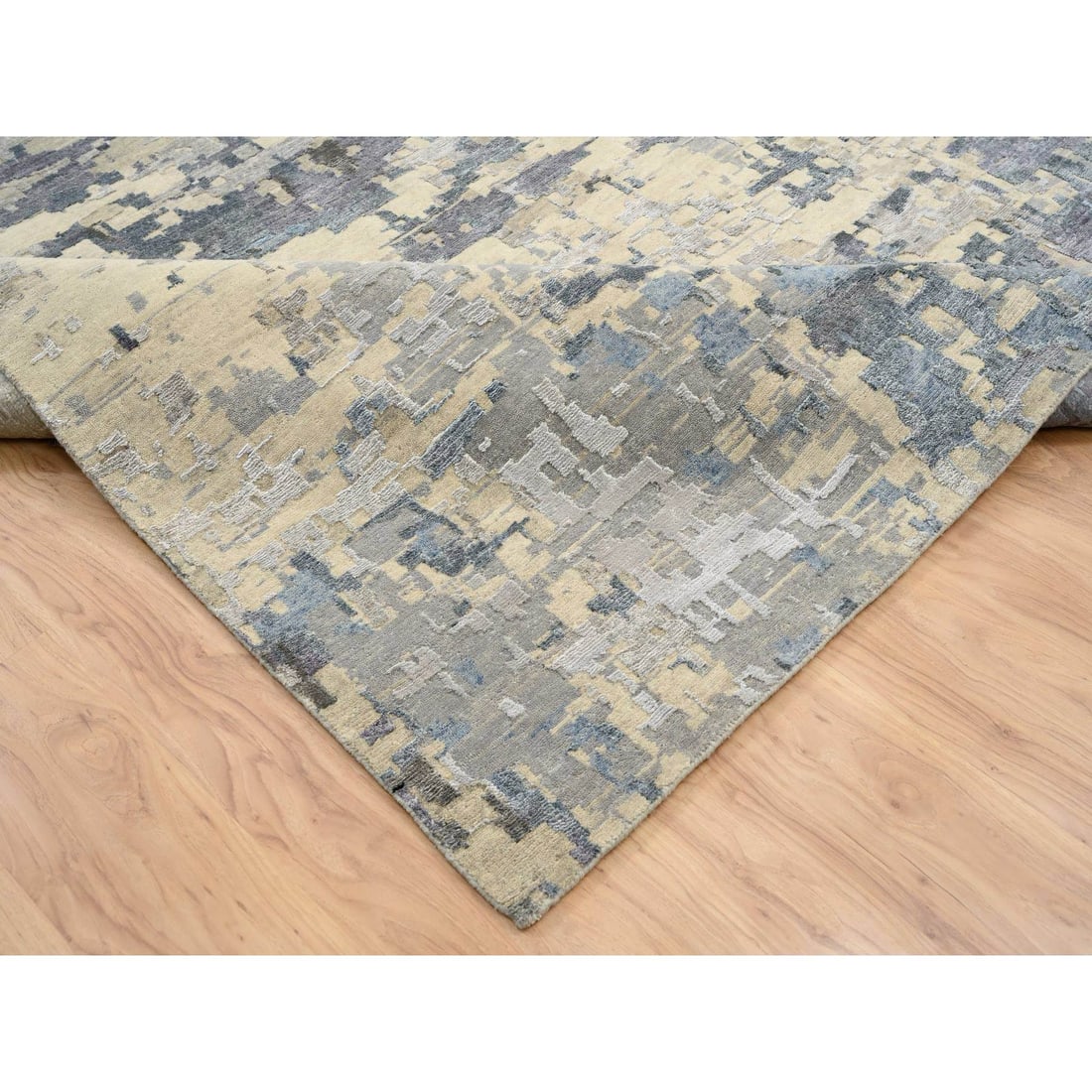 Gray, Wool and Silk Hand Knotted, Modern Abstract Design Oversized Rug - 6