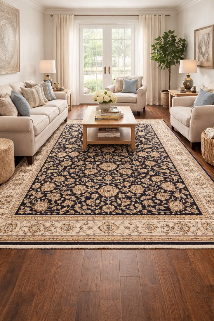 Dark Navy Floral 8X10 Indo-Nain Oriental Rug - 2
