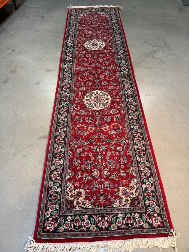 Fine Silk&Wool Tabriz Runner 2.6x10': Title:Fine Silk&Wool Tabriz Runner 2.6x10' Description:2.6x10 Super fine Sino Persian Tabriz runner natural wool pile with silk highlights in Red, Green and multi accent colors Handknotted in China
