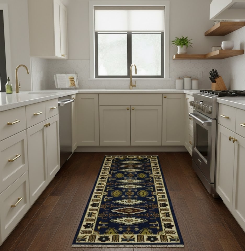Navy Blue Geometric 3X8 Kazak Oriental Runner Rug - 2