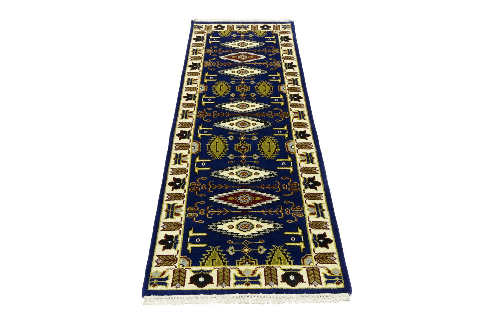 Navy Blue Geometric 3X8 Kazak Oriental Runner Rug - 3