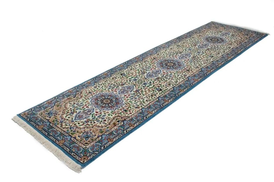 Cream Floral Kirman 3X10 Oriental Runner Rug - 3
