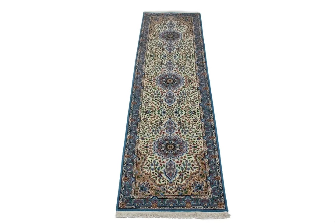 Cream Floral Kirman 3X10 Oriental Runner Rug - 4