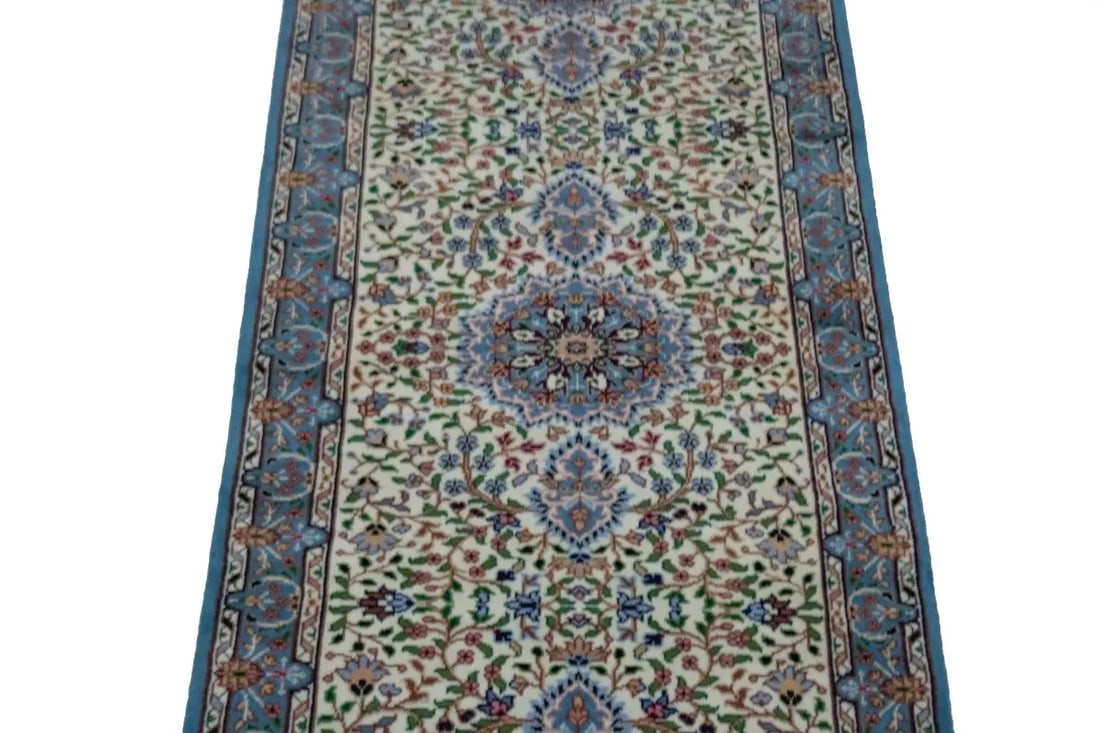 Cream Floral Kirman 3X10 Oriental Runner Rug - 5