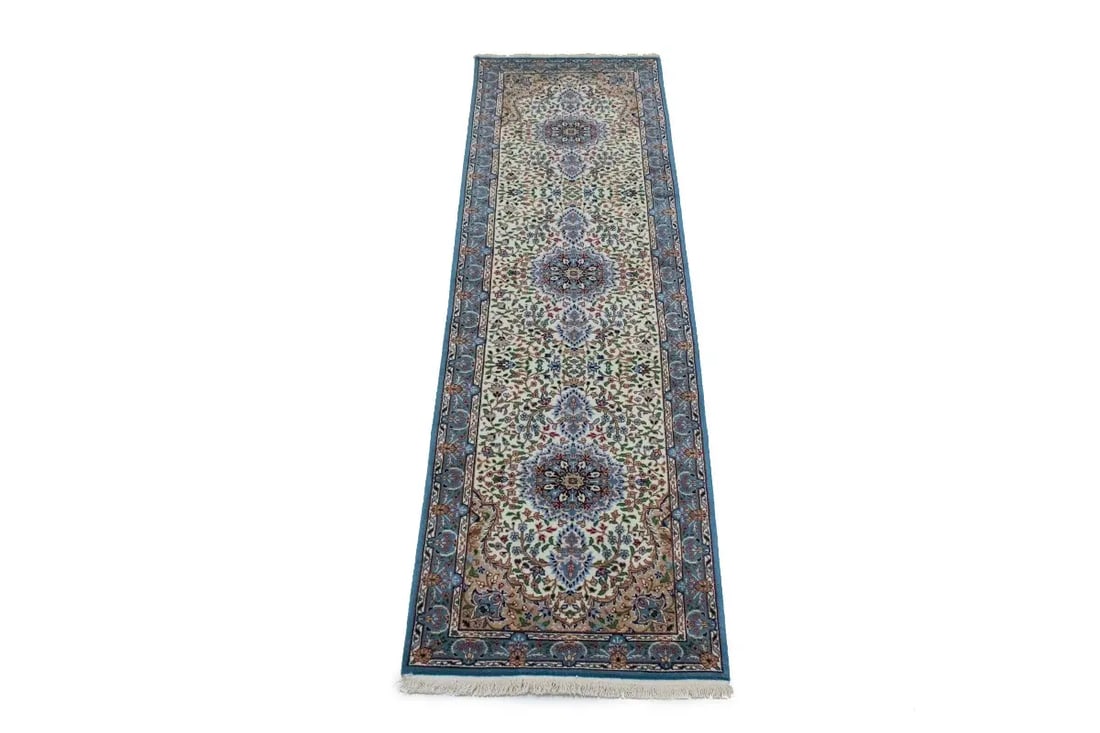 Cream Floral Kirman 3X10 Oriental Runner Rug - 6