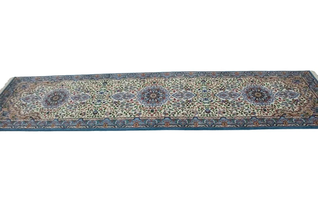 Cream Floral Kirman 3X10 Oriental Runner Rug - 7