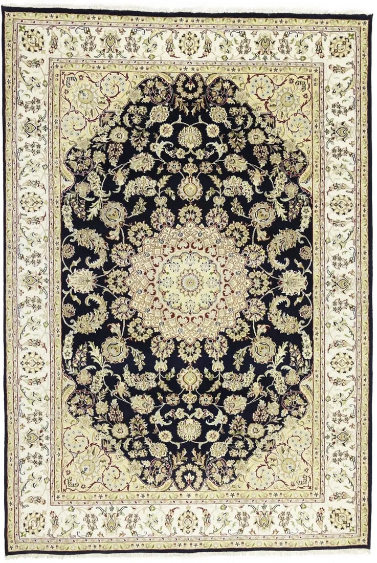 Cream Floral 7X10 Indo-Nain Oriental Rug: Title: Cream Floral 7X10 Indo-Nain Oriental Rug Description:Handmade 7X10 cream Oriental rug made with vegetable dyes (fine wool pile and cotton foundation), exceptional knot count, and