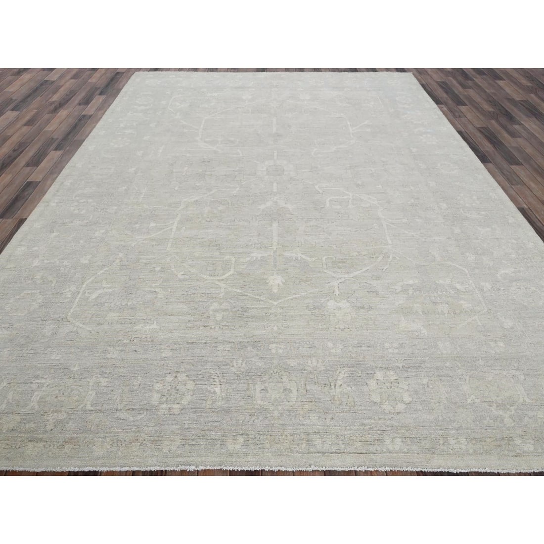 Oyster White Washed Out Peshawar Hand Knotted Pure Wool Oriental Rug - 2