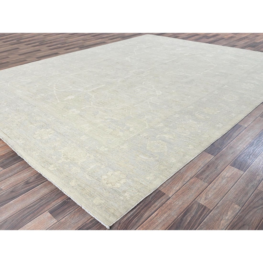 Oyster White Washed Out Peshawar Hand Knotted Pure Wool Oriental Rug - 3