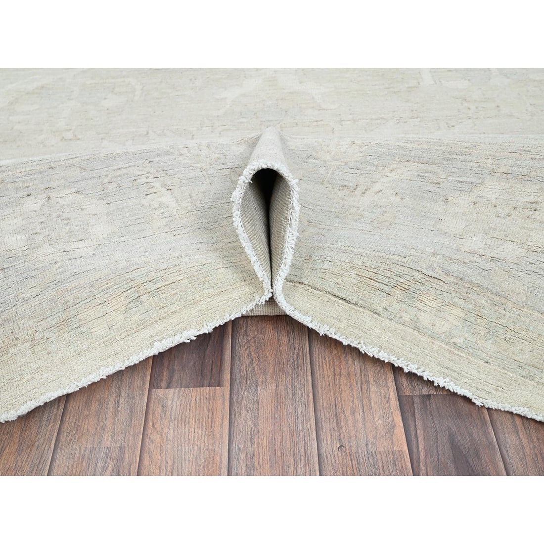 Oyster White Washed Out Peshawar Hand Knotted Pure Wool Oriental Rug - 5