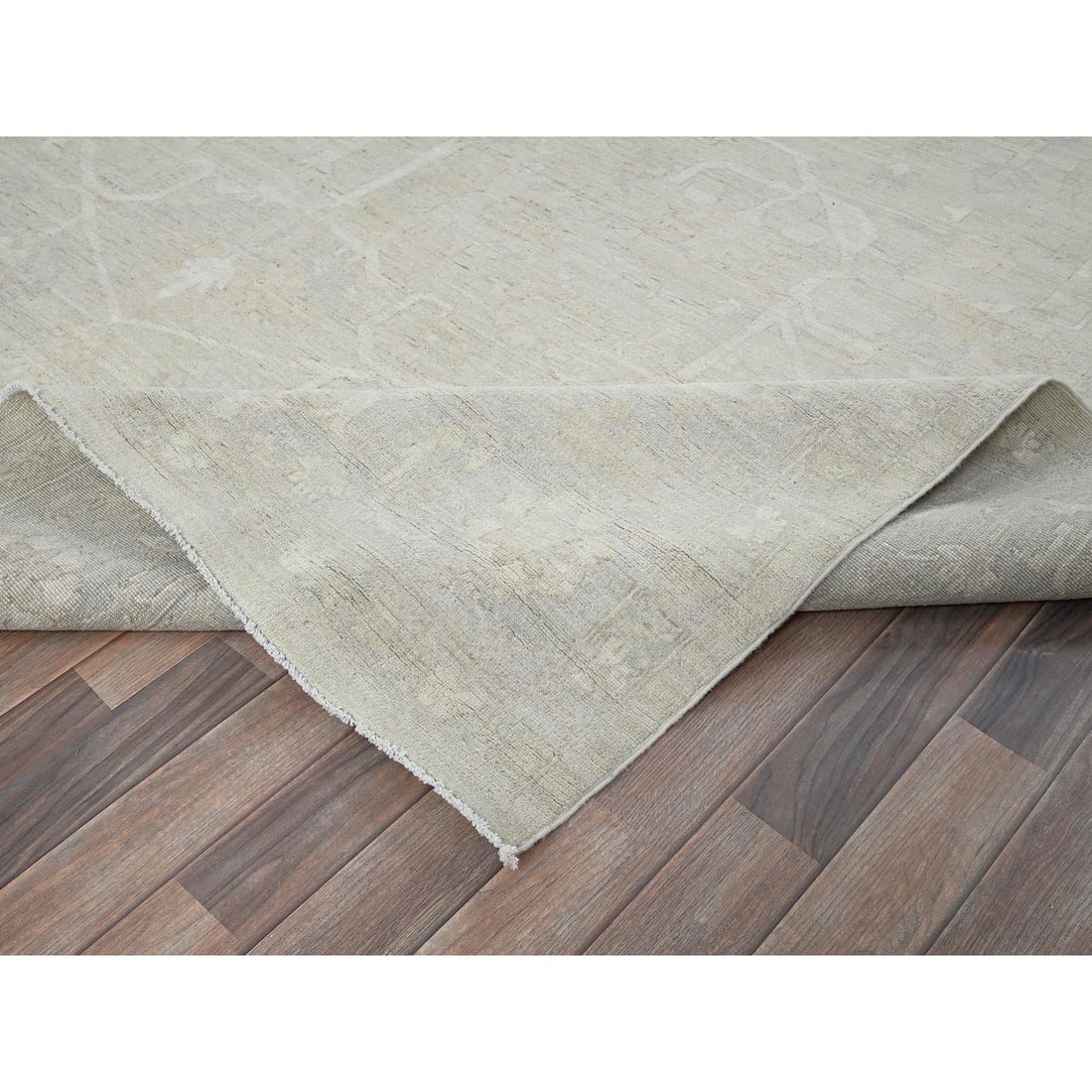 Oyster White Washed Out Peshawar Hand Knotted Pure Wool Oriental Rug - 6
