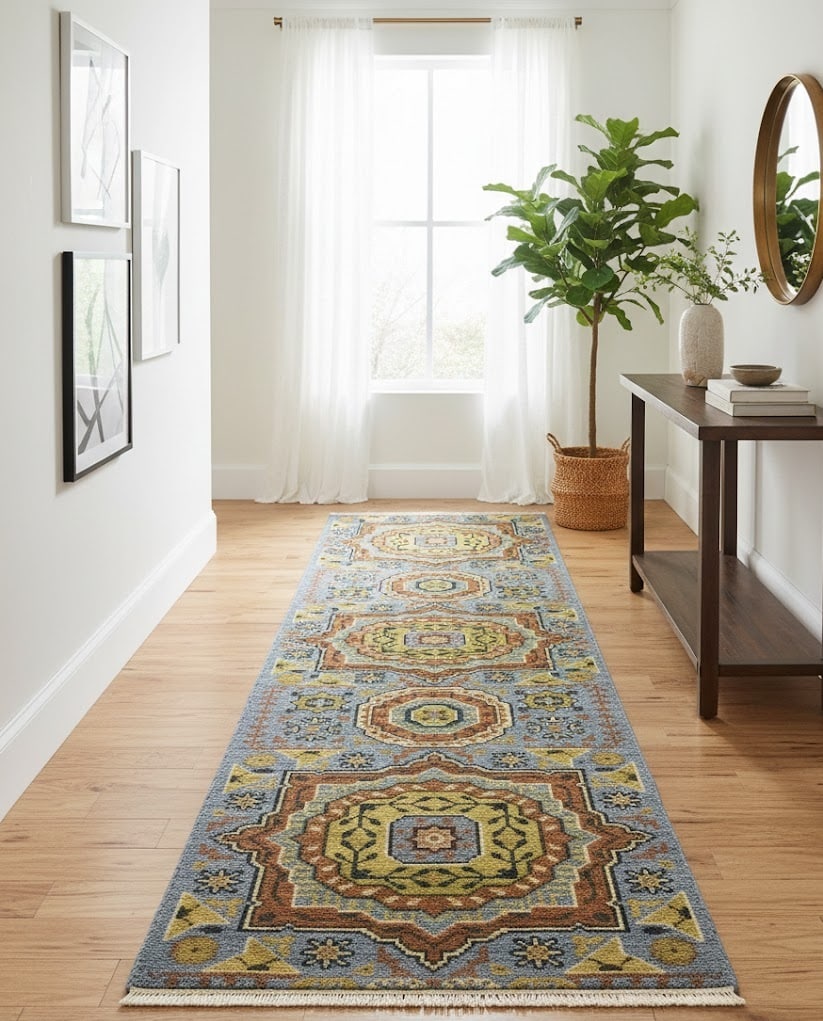 Blue Floral 2'7X10'3 Heriz Serapi Oriental Runner Rug - 2
