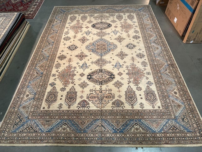 Fine Super Kazak Rug 10x13.5: Title:Fine Super Kazak Rug 10x13.5 Description:10' X13'.5" Super quality Kazak Rug, hand spun and hand knotted rug in Pakistan 100% Vegge Dye natural wool pile , in Ivory and different shades of Blue