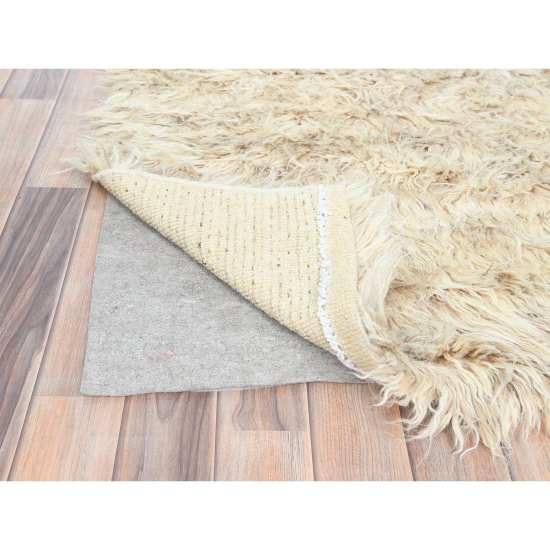 Beige, Shag Flokati Greek Style, Undyed Natural Wool Hand Knotted Rug - 3