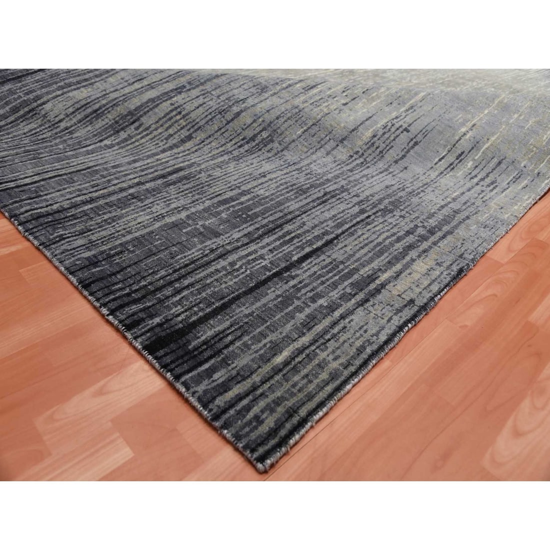 Gray, Modern Ombre Design, Pure Wool Hand Knotted Oversized Rug - 7