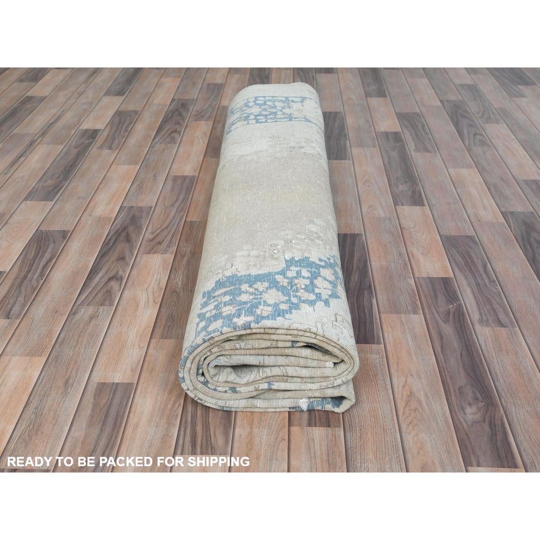 Ivory Hand Knotted, Worn Wool Distressed Look Old Persian Kerman Rug - 9