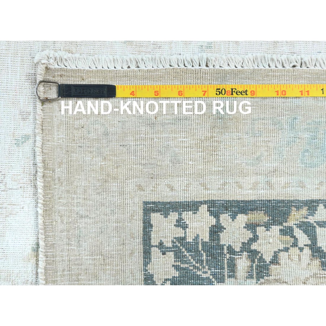 Ivory Hand Knotted, Worn Wool Distressed Look Old Persian Kerman Rug - 11