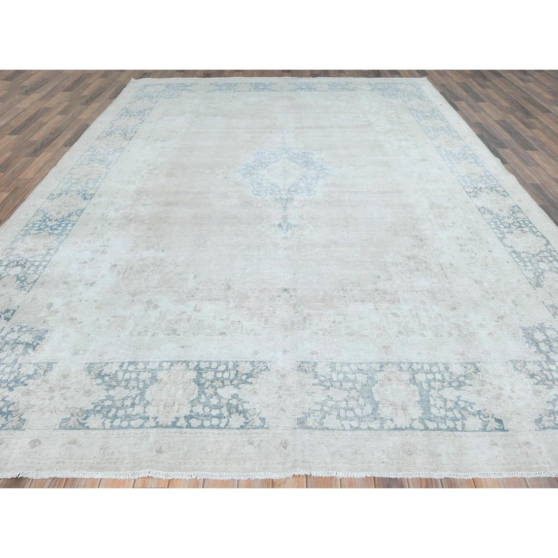 Ivory Hand Knotted, Worn Wool Distressed Look Old Persian Kerman Rug - 2
