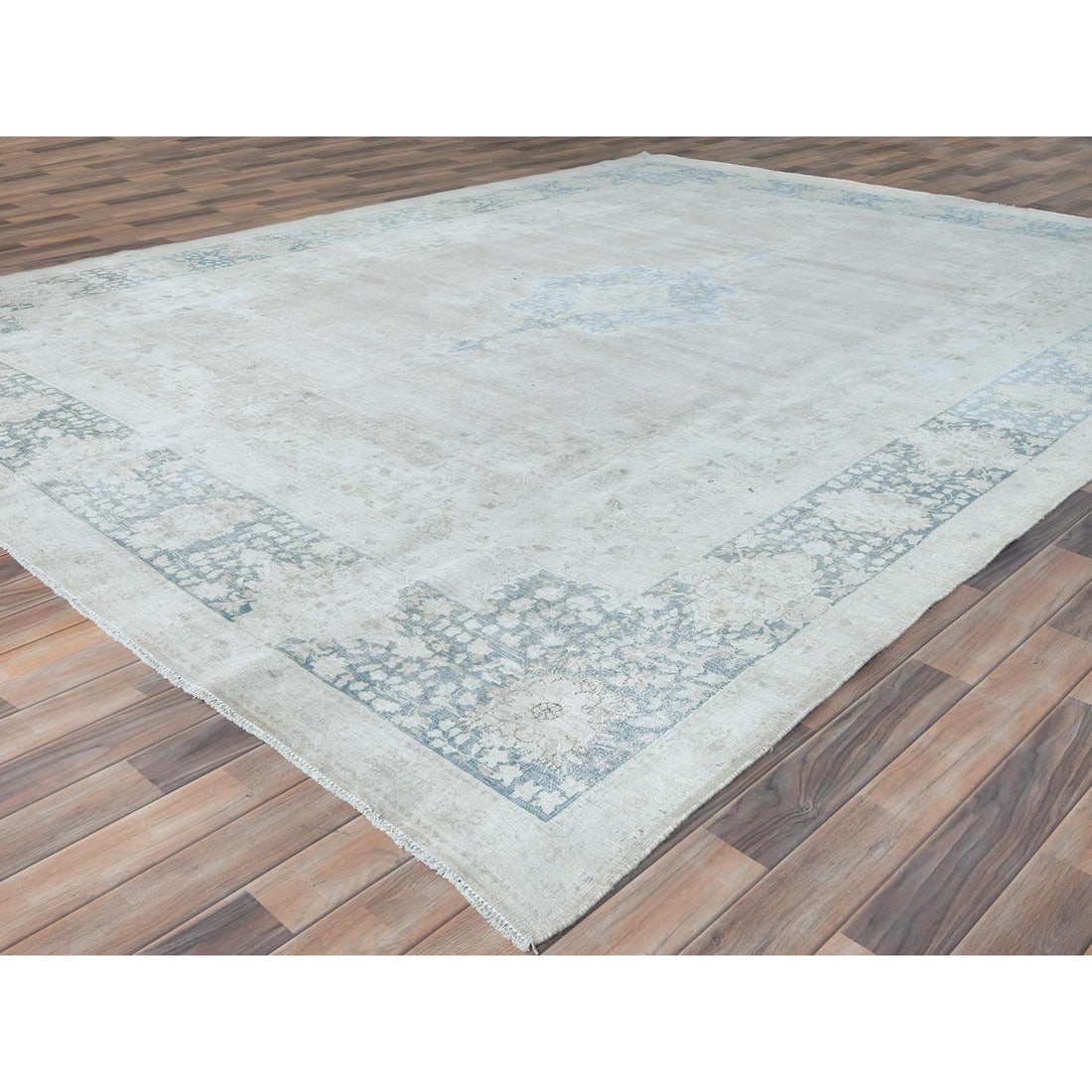 Ivory Hand Knotted, Worn Wool Distressed Look Old Persian Kerman Rug - 3
