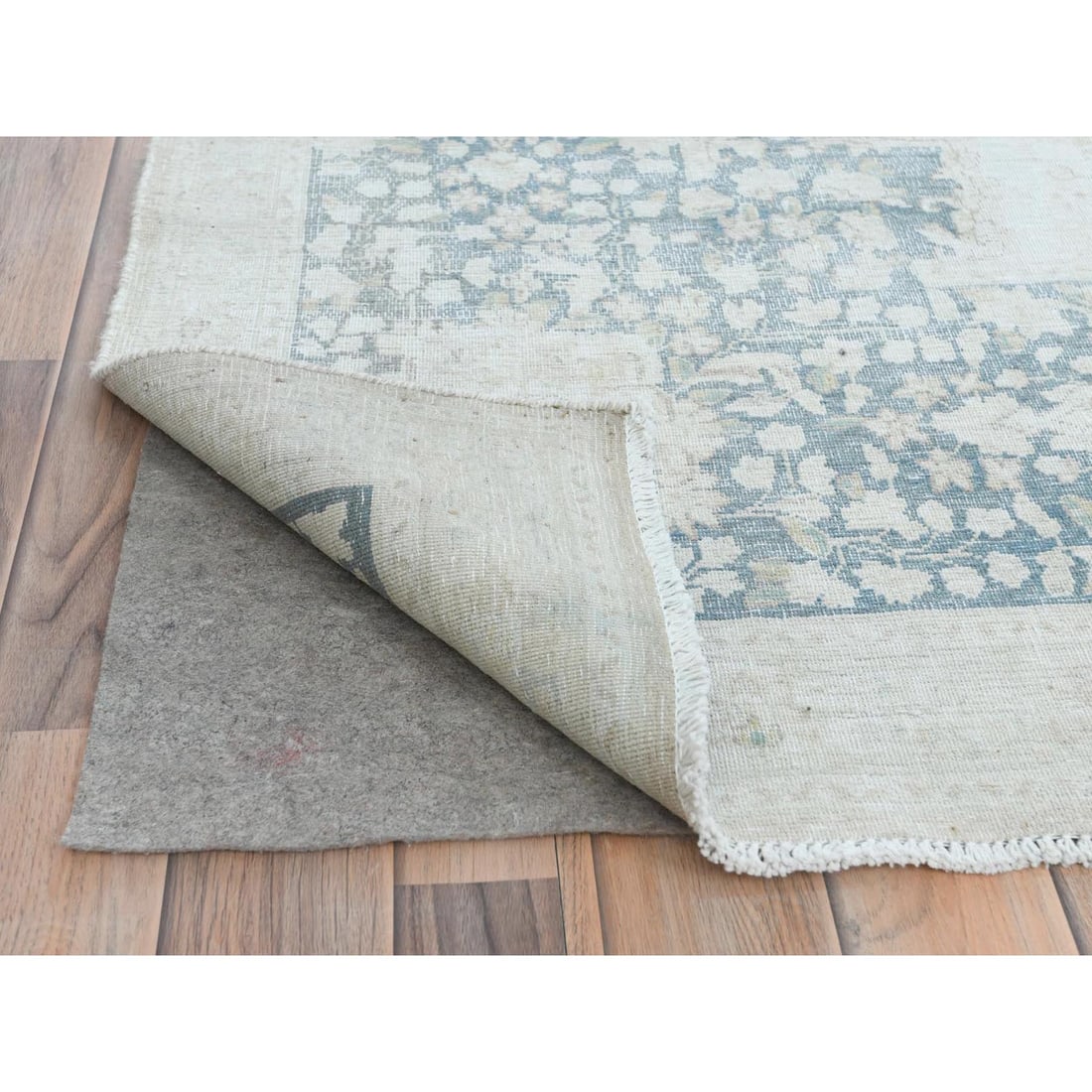 Ivory Hand Knotted, Worn Wool Distressed Look Old Persian Kerman Rug - 4