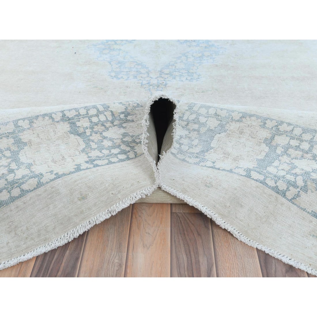 Ivory Hand Knotted, Worn Wool Distressed Look Old Persian Kerman Rug - 5