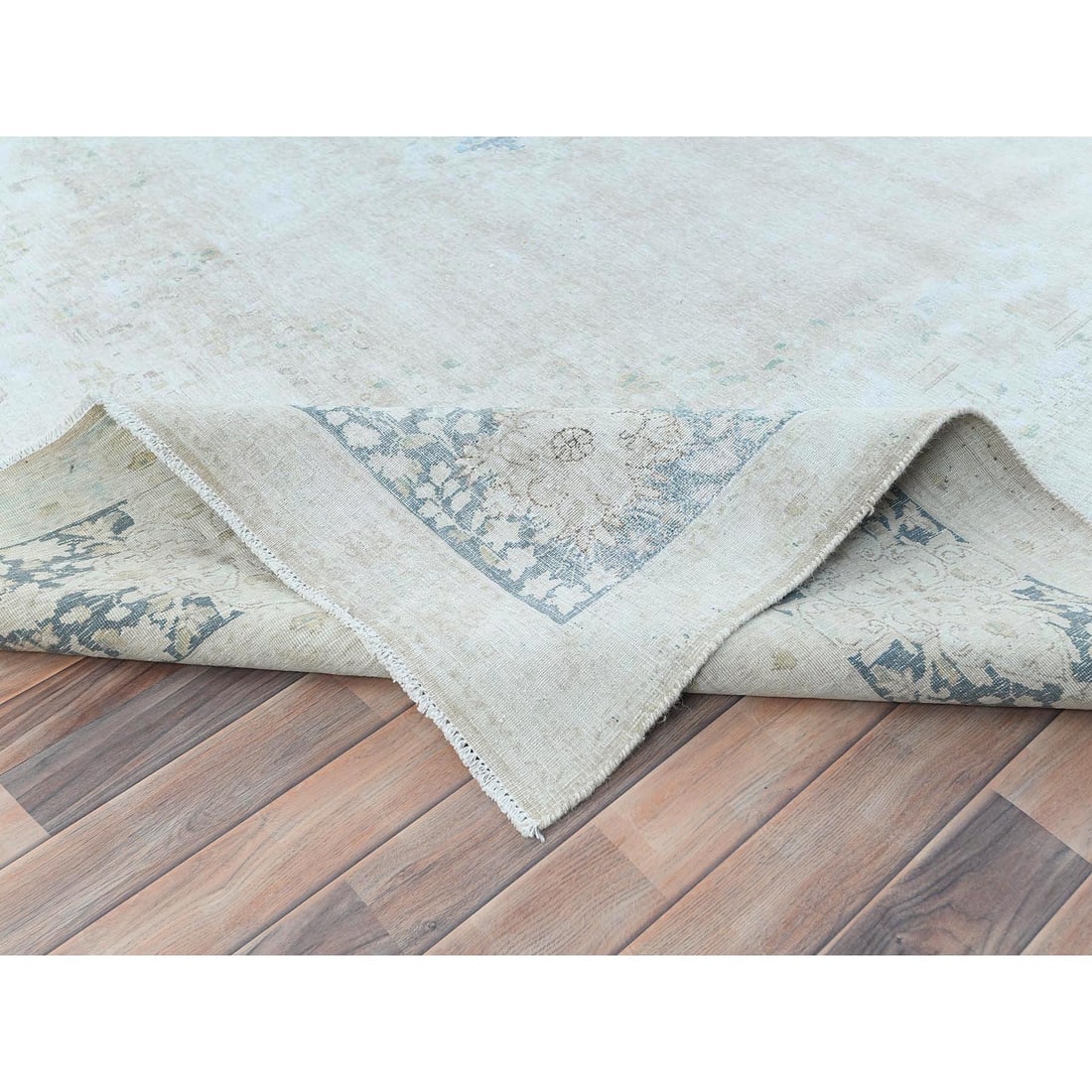 Ivory Hand Knotted, Worn Wool Distressed Look Old Persian Kerman Rug - 6