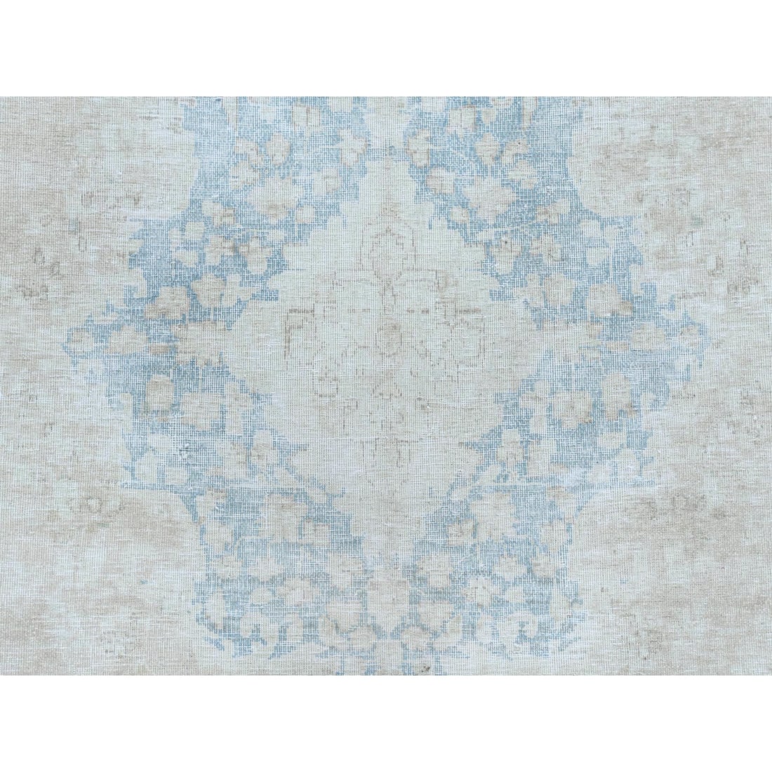 Ivory Hand Knotted, Worn Wool Distressed Look Old Persian Kerman Rug - 8